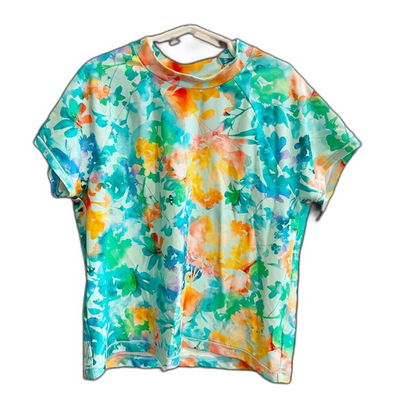 Athleta Girl Other - Athleta Girl Mock Neck Rashguard Top Anti-UV Floral Swim Suit L 12 Bathing Surf